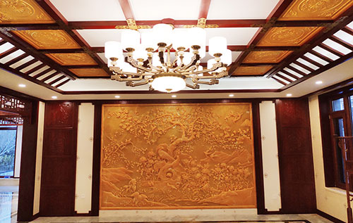定西中式别墅客厅中式木作横梁吊顶装饰展示