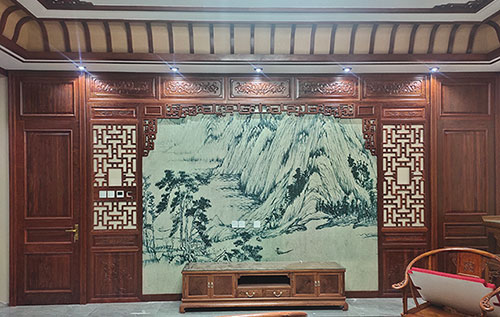 定西中式仿古别墅客厅背景墙花格木作装饰